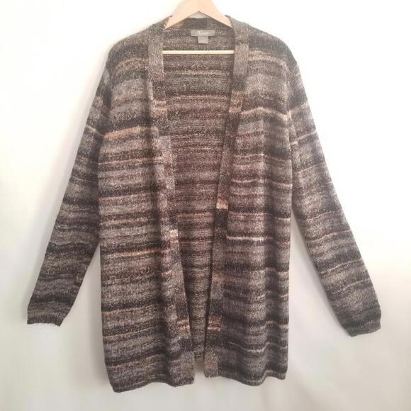 Natural Reflections Long Line Wool Blend Cardigan Sweater Large Gray Tan Multi - Picture 13 of 13